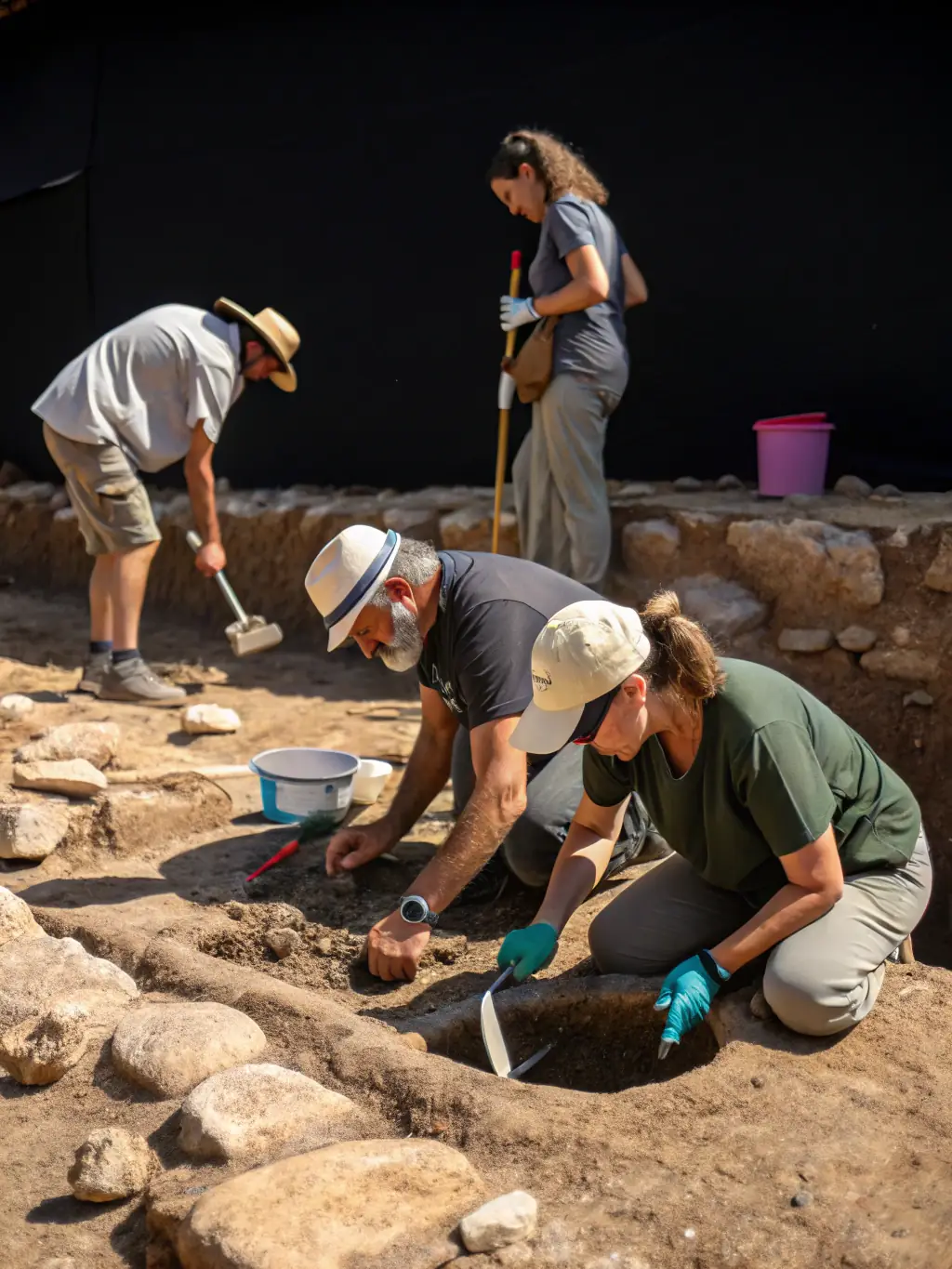 A photograph of volunteers participating in an archaeological dig at a historical site in Canada, carefully uncovering artifacts and documenting their findings.