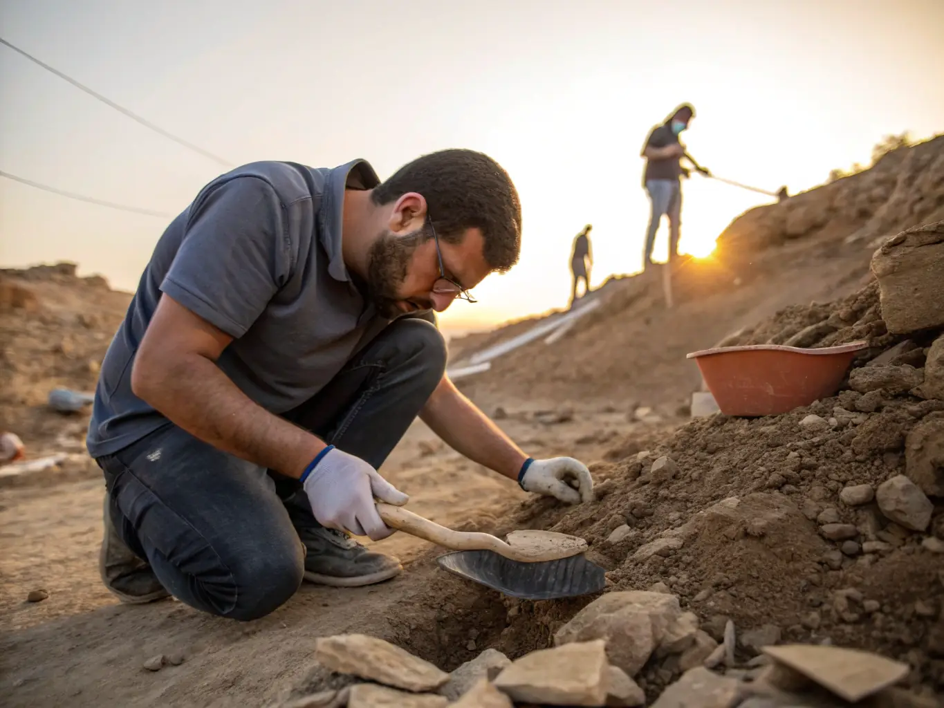 An image of archaeologists carefully excavating a historical site in Canada, uncovering artifacts and remnants of the past.