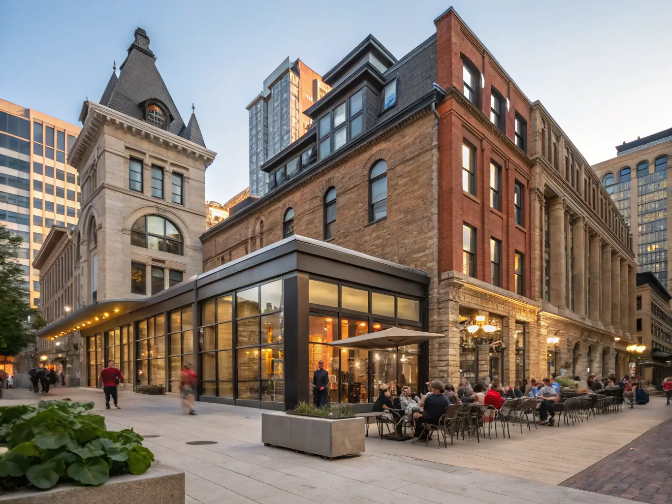 A photograph depicting the revitalized historic district in Vancouver, showcasing restored buildings, pedestrian-friendly streets, and vibrant cultural activities.